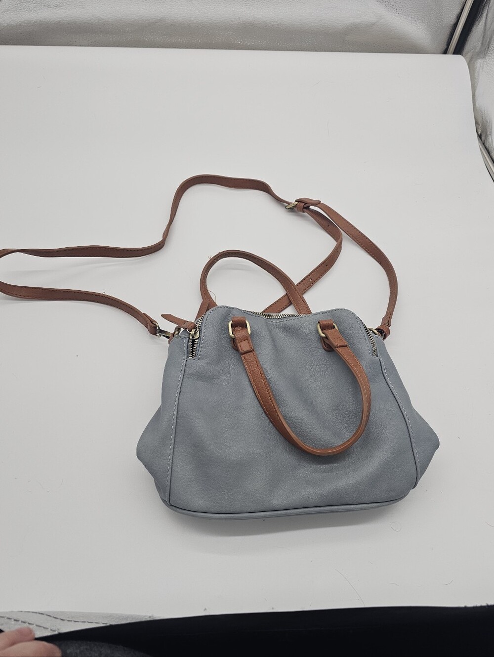 Sasha + Sofi Women's Leather Crossbody Satchel - Gray with Brown Straps
